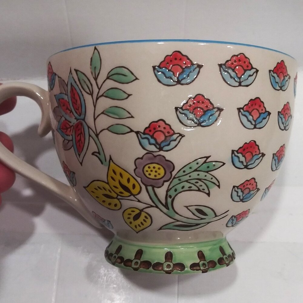 Dutch Wax  Large Footed Mug Cup 16 oz Floral Hand Painted Ceramic